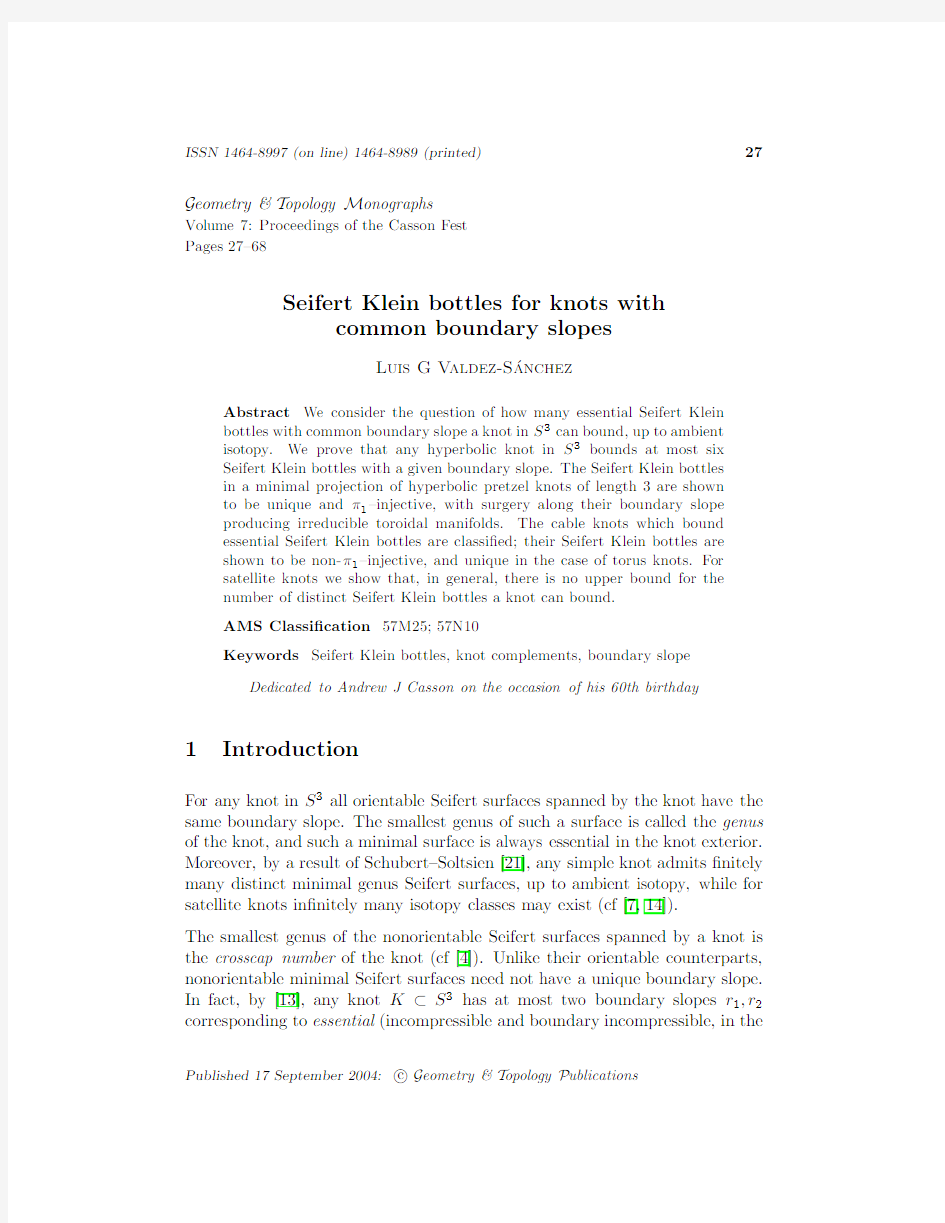 Seifert Klein bottles for knots with common boundary slopes