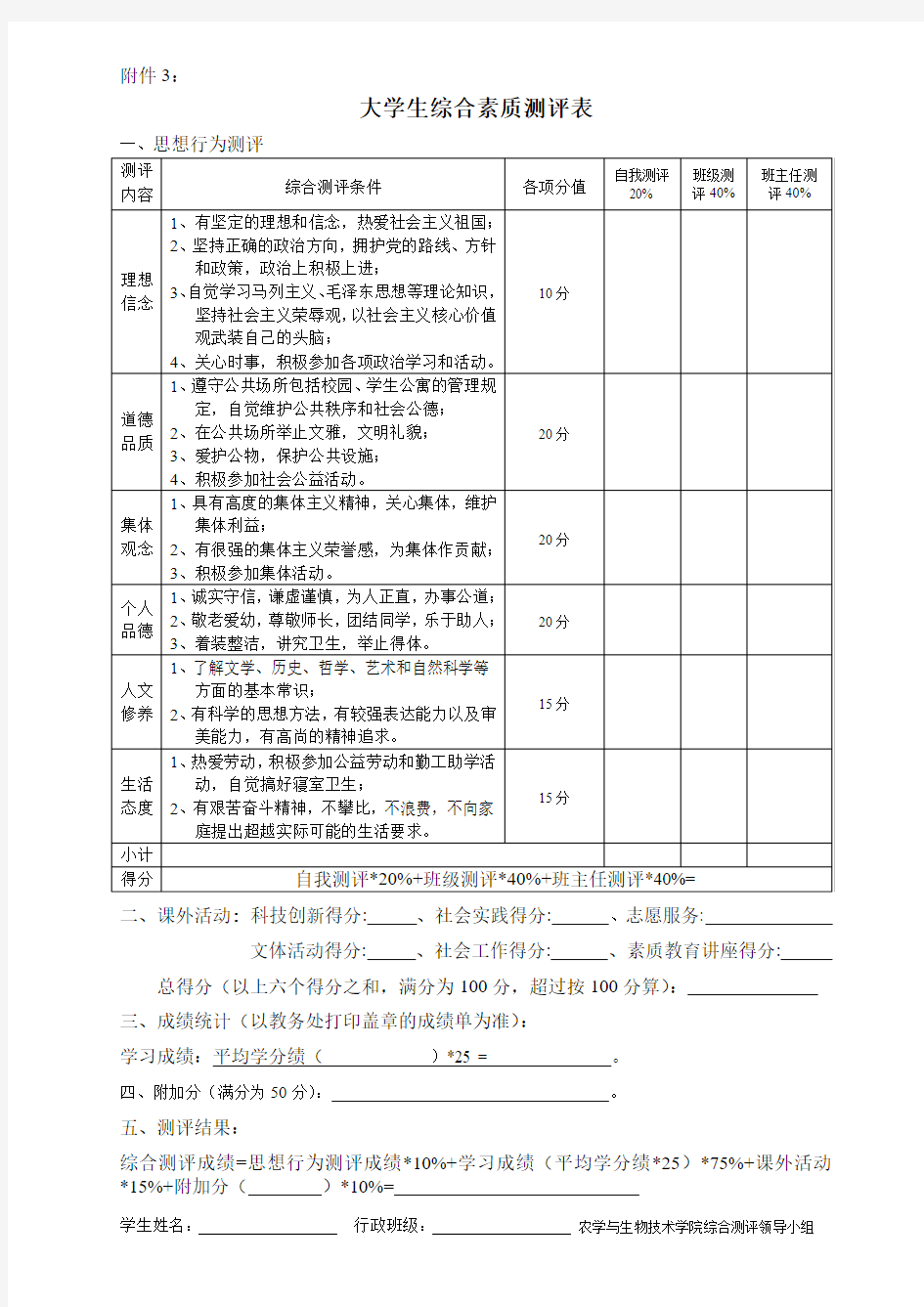 大学生综合素质测评表