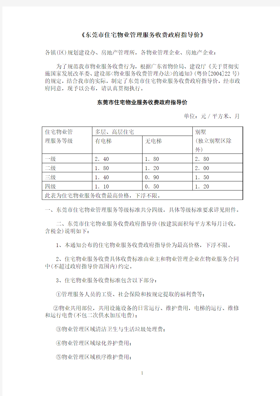 东莞市住宅物业管理服务收费政府指导价