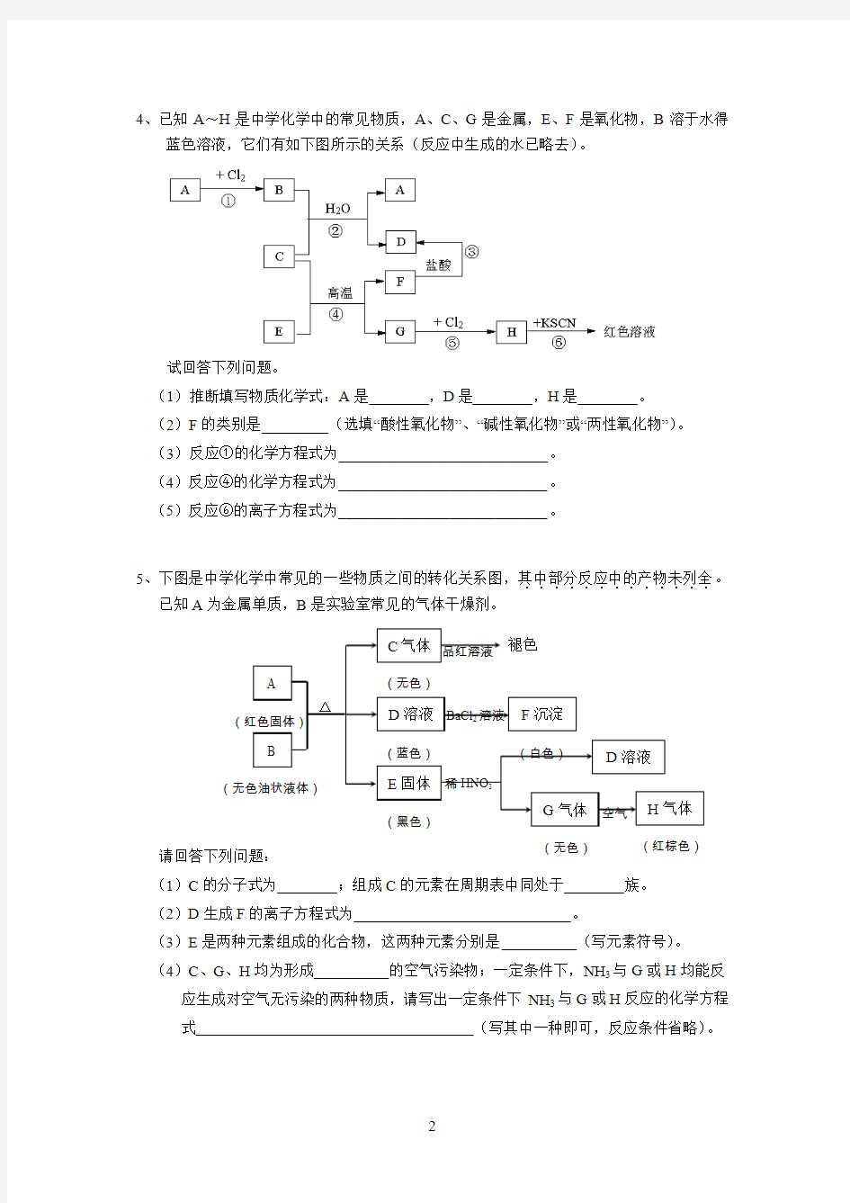 必修一无机化学推断题(二)