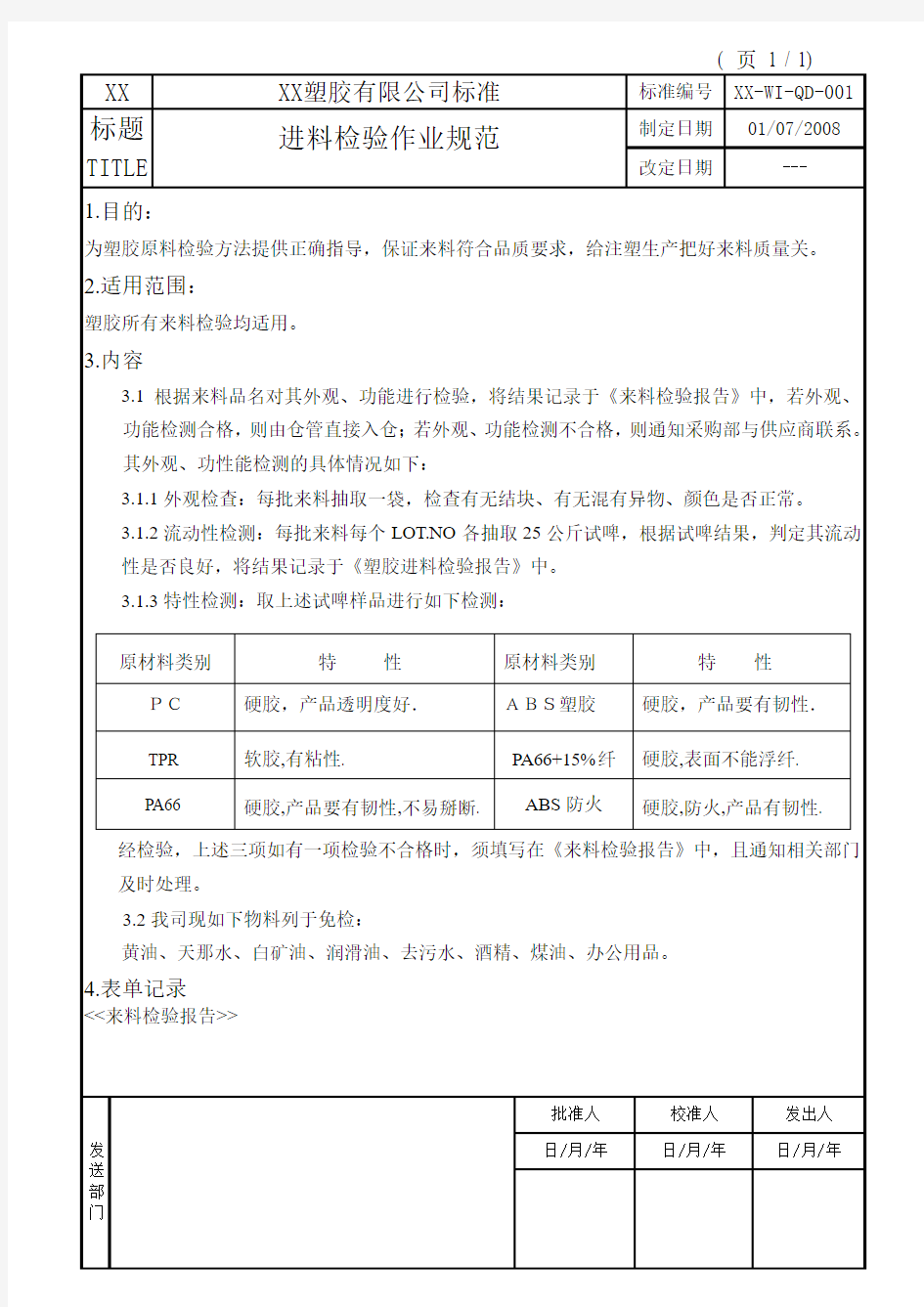 XX塑胶来料检验报告