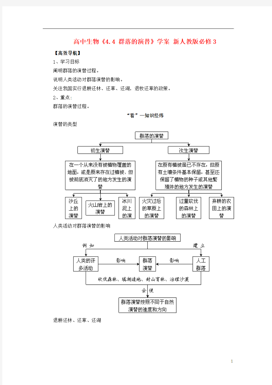 高中生物《4.4 群落的演替》学案 新人教版必修3