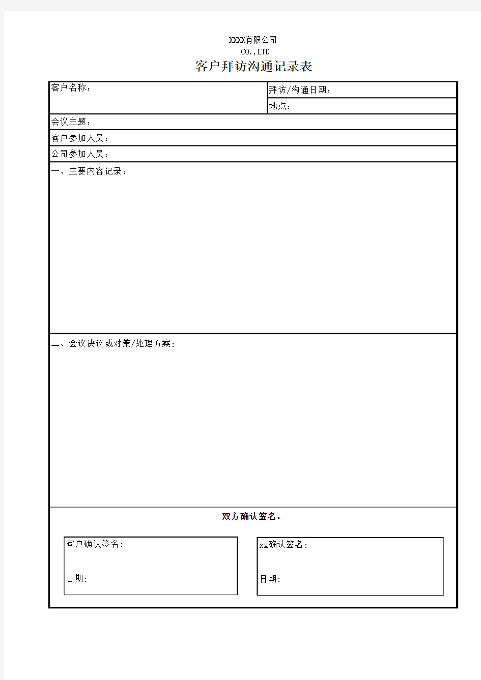 客户拜访沟通记录表