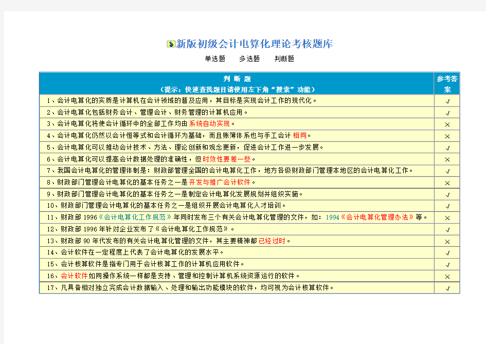 2012年广东会计从业资格电算化考试(判断)