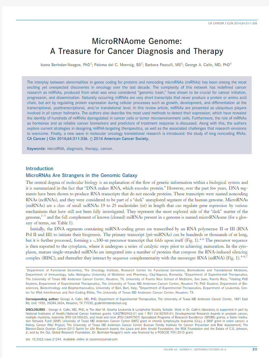 MicroRNAome Genome_A Treasure for Cancer Diagnosis and Therapy