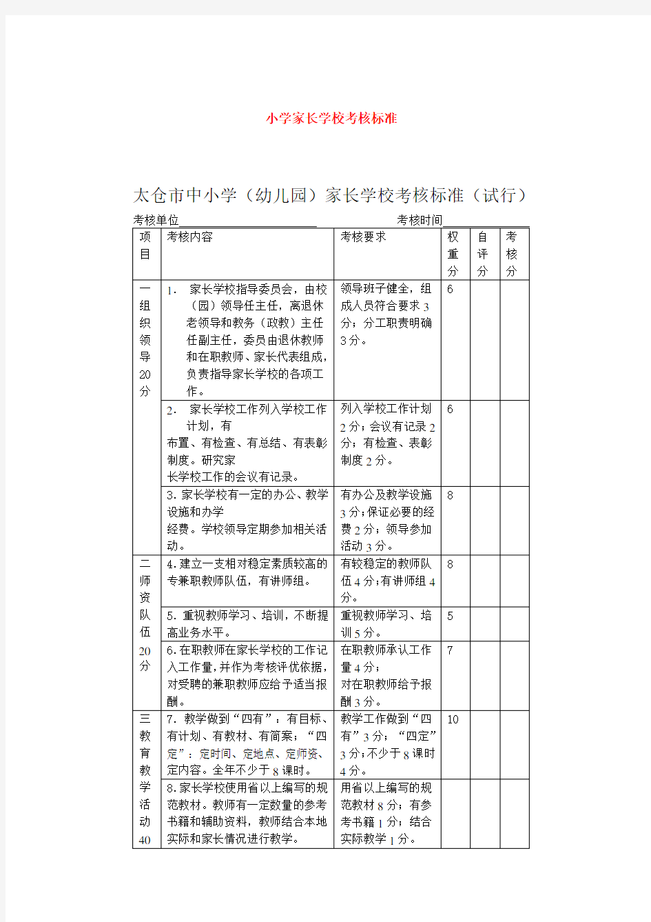 家长学校考核表