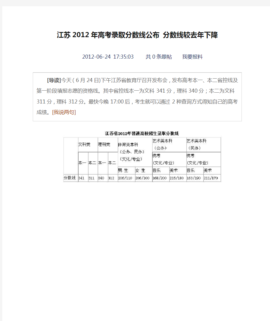 江苏2012年高考录取分数线公布 分数线较去年下降