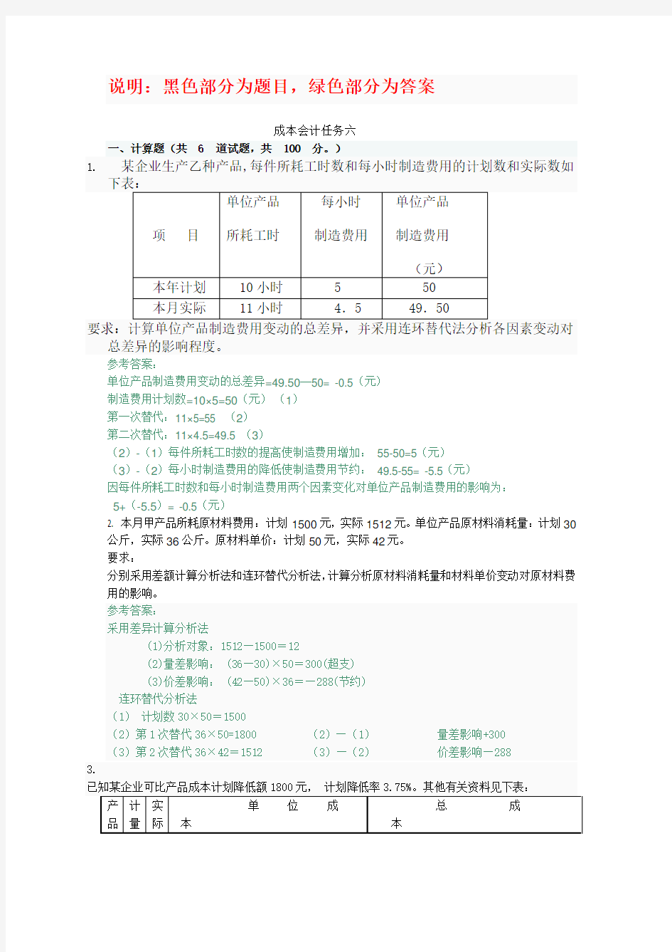 2015电大会计专科成本会计形考任务答案--(6)