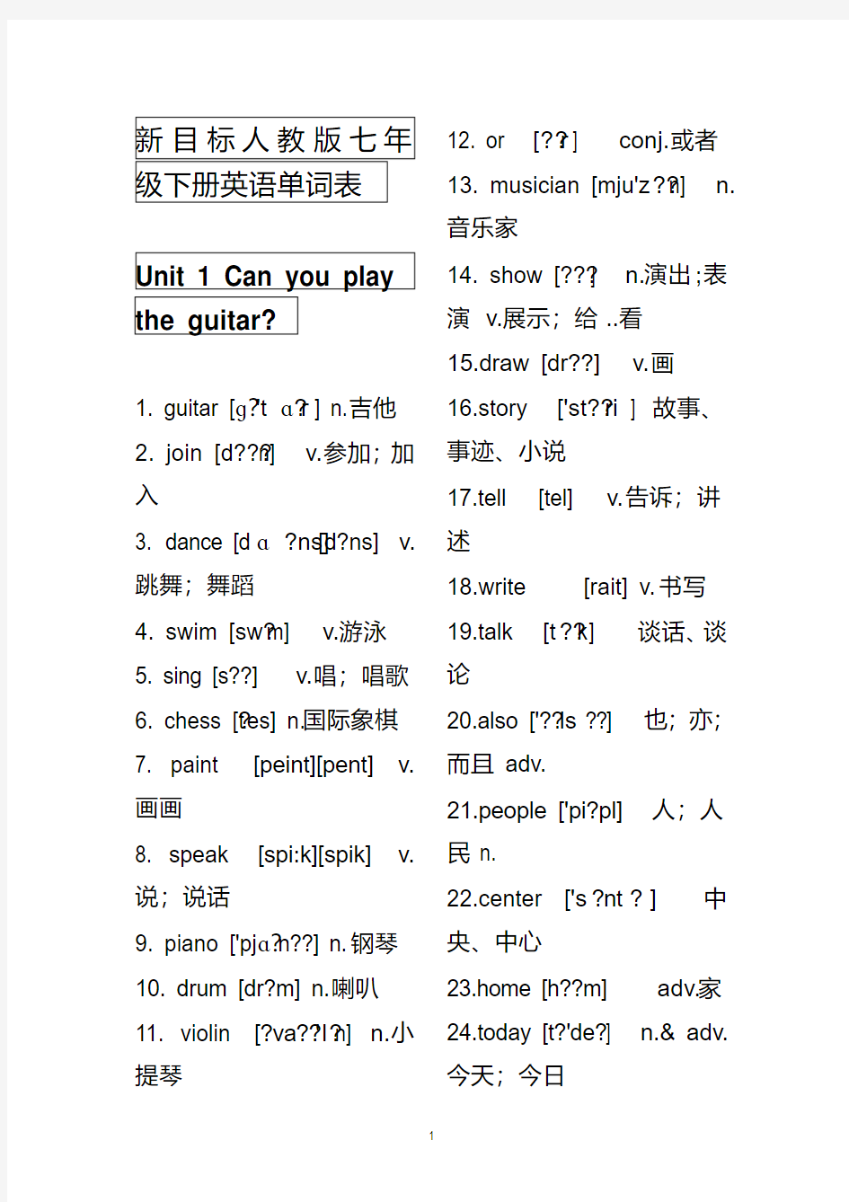 2017年人教版七年级下册英语单词表(含音标)