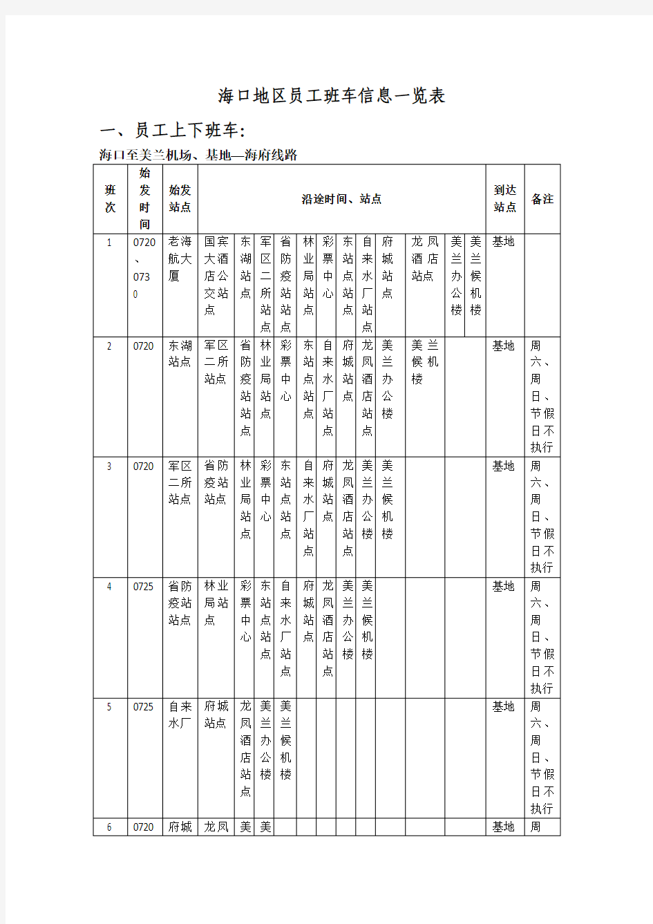 【最新】海口地区班车时刻表