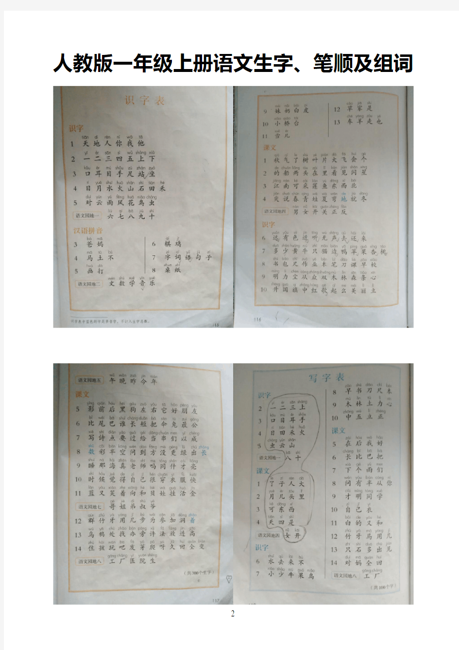 人教版一年级上册语文生字、笔顺及组词