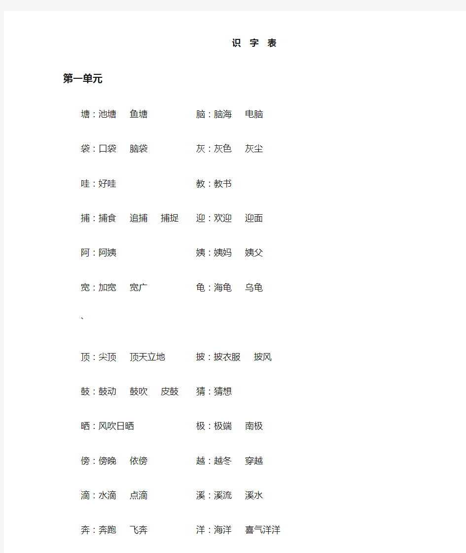 人教版二年级上册识字表组词