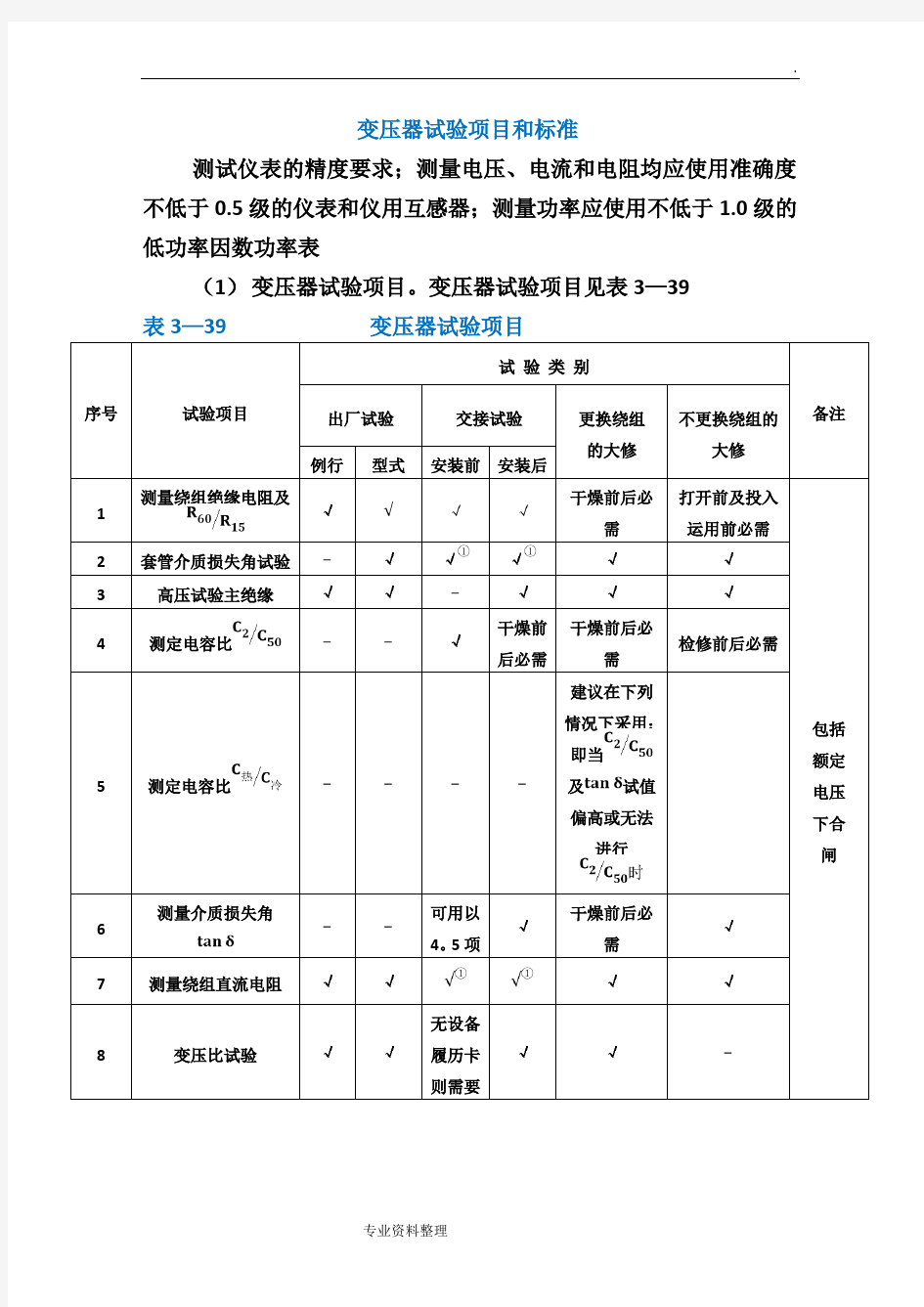 变压器试验项目及标准