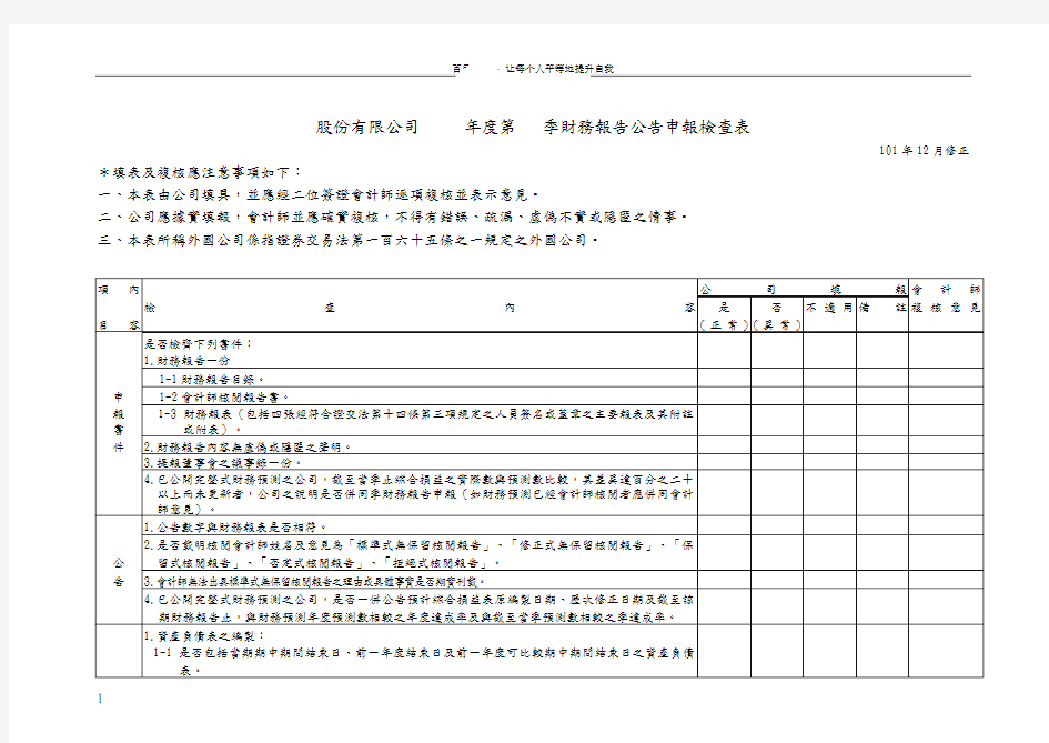 股份有限公司年度第季财务报告公告申报检查表