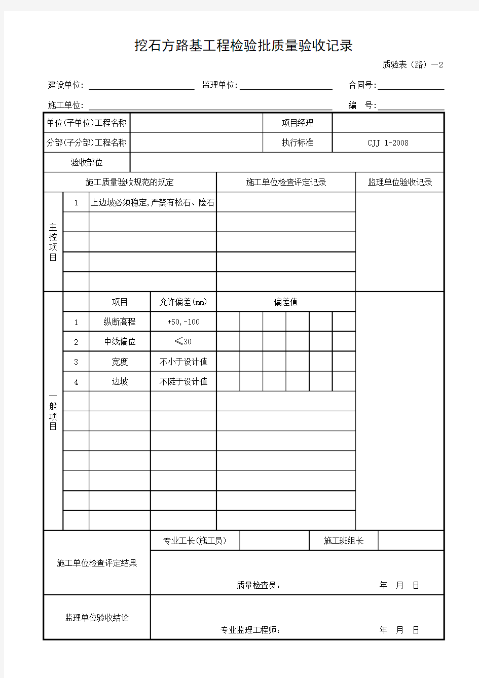 挖石方路基工程检验批质量验收记录