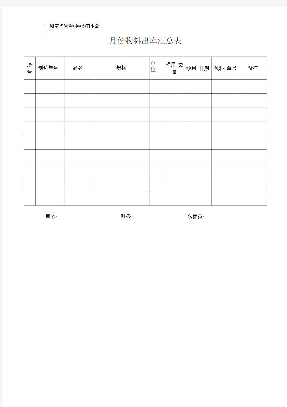 物料出库汇总表