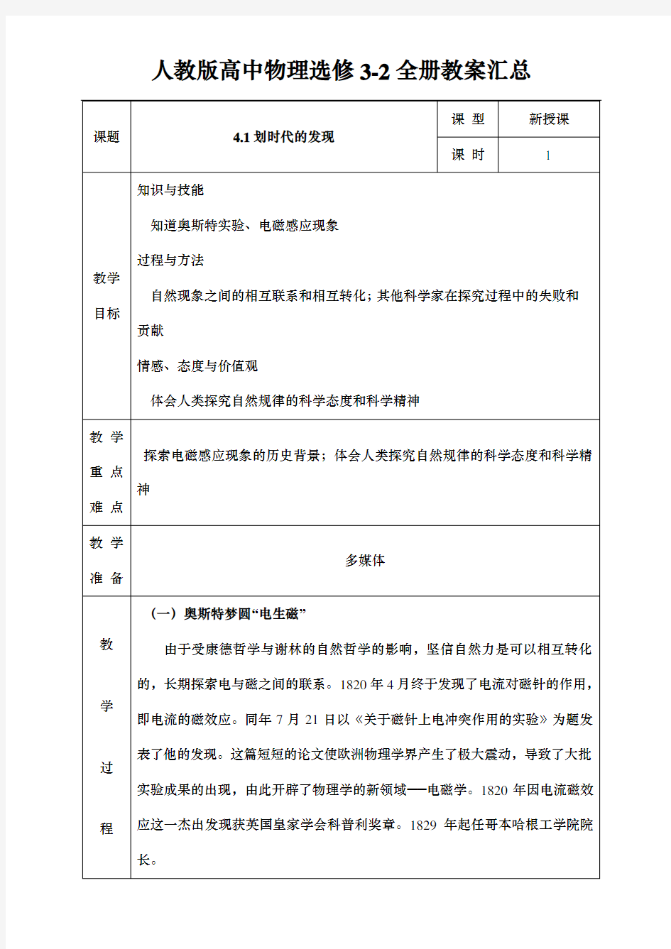 人教版高中物理选修3-2全册教案汇总