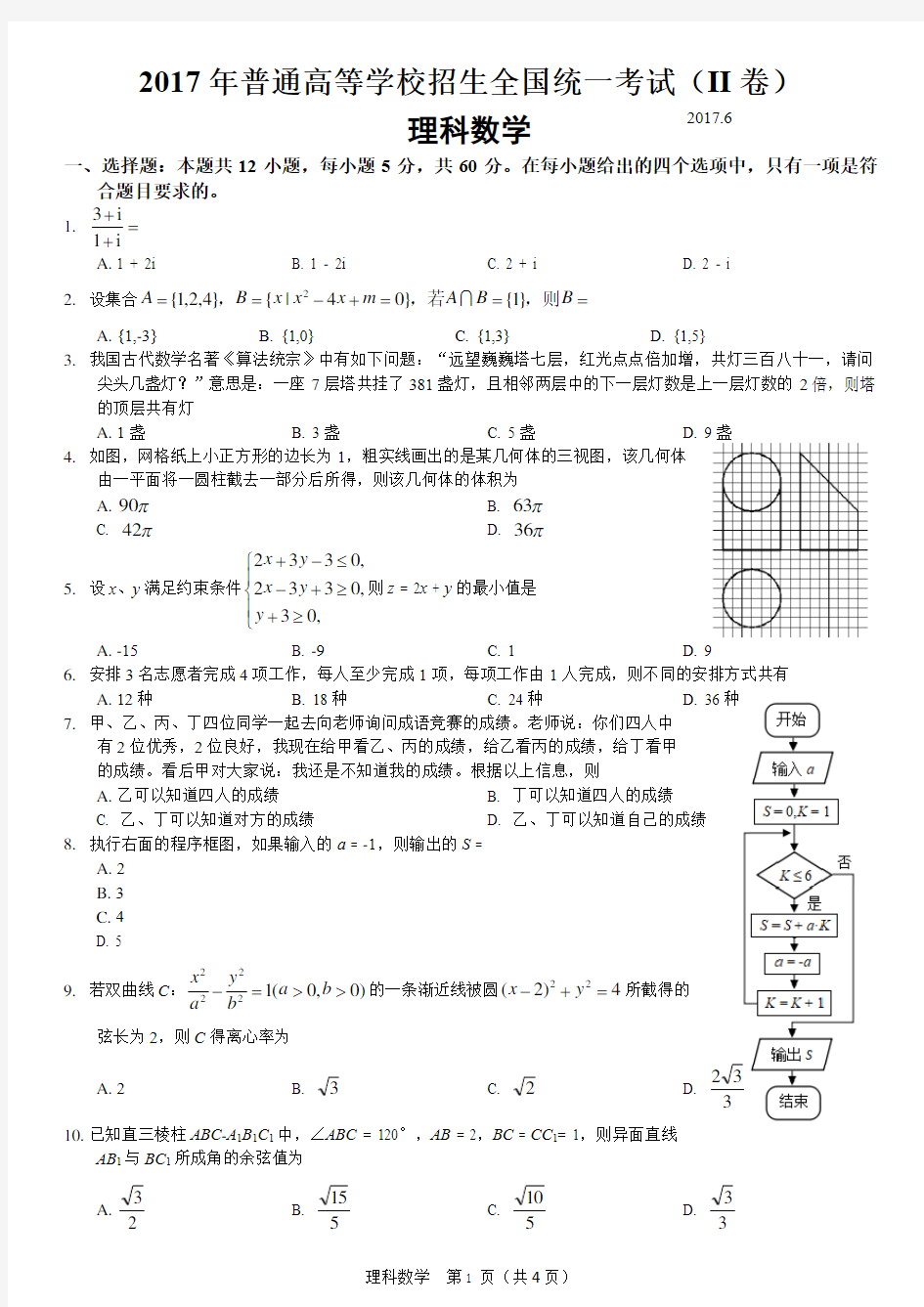 2017年高考全国二卷理科数学试卷