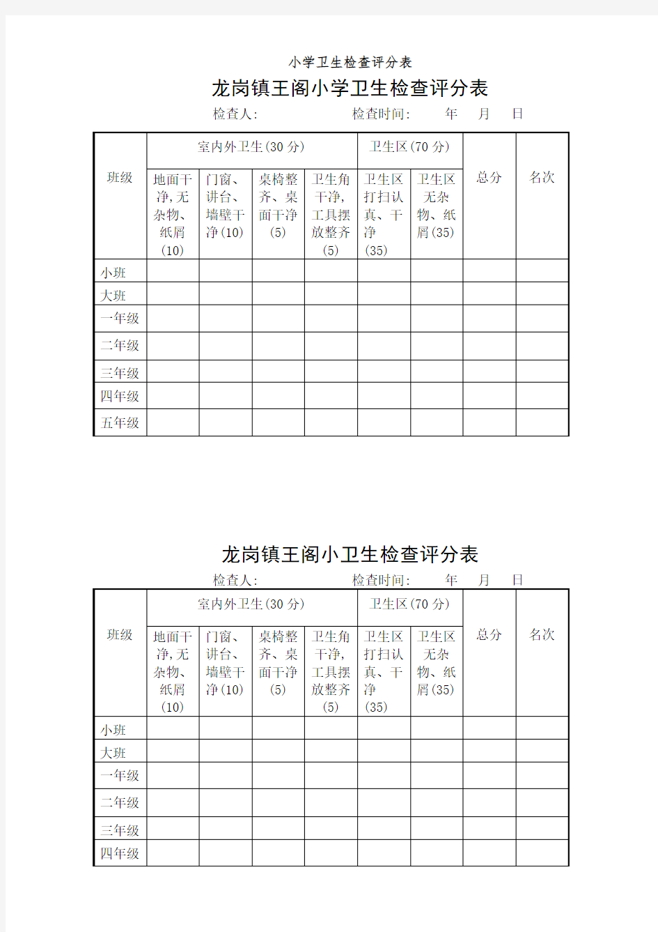 小学卫生检查评分表