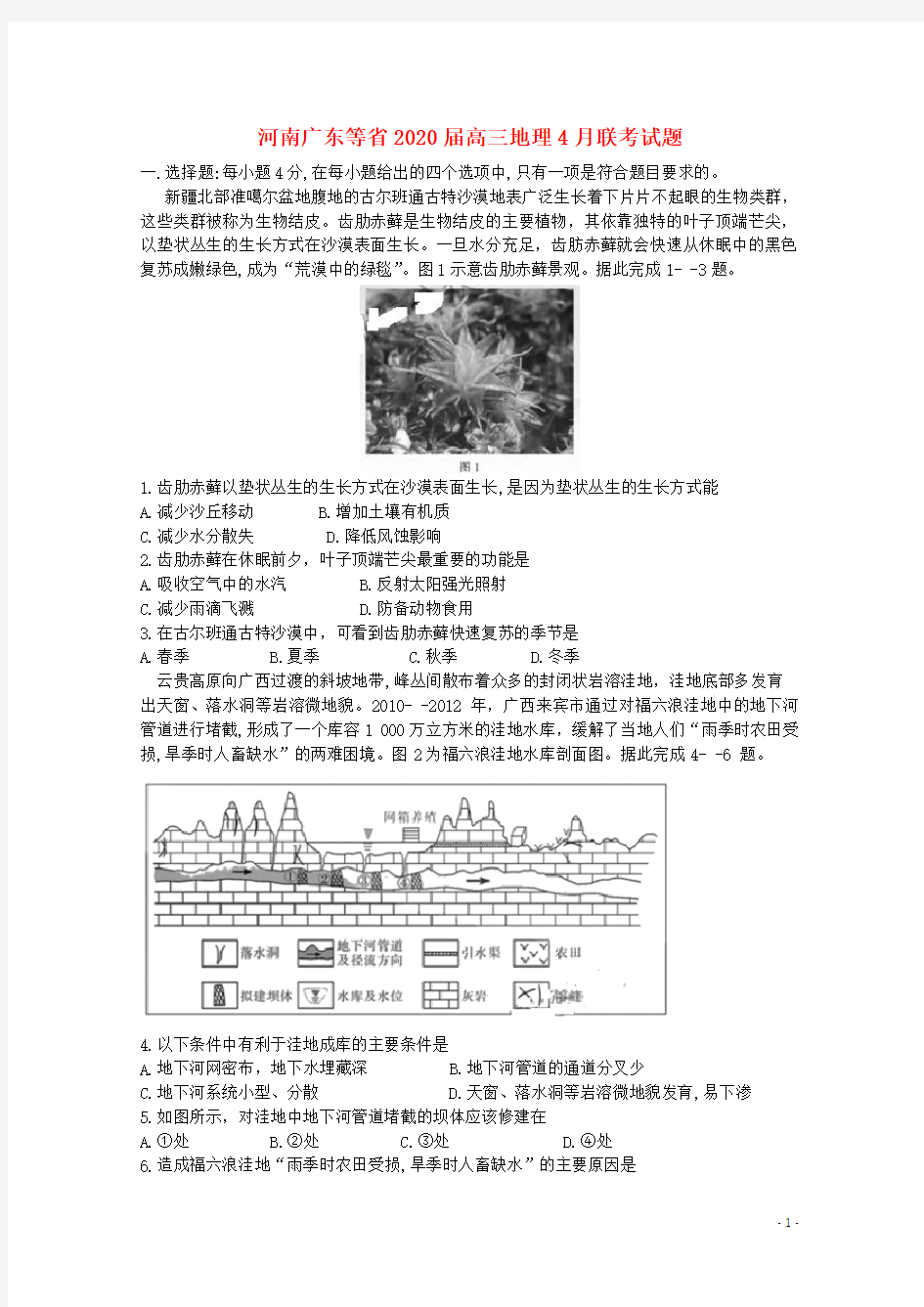 河南广东等省2020届高三地理4月联考试题