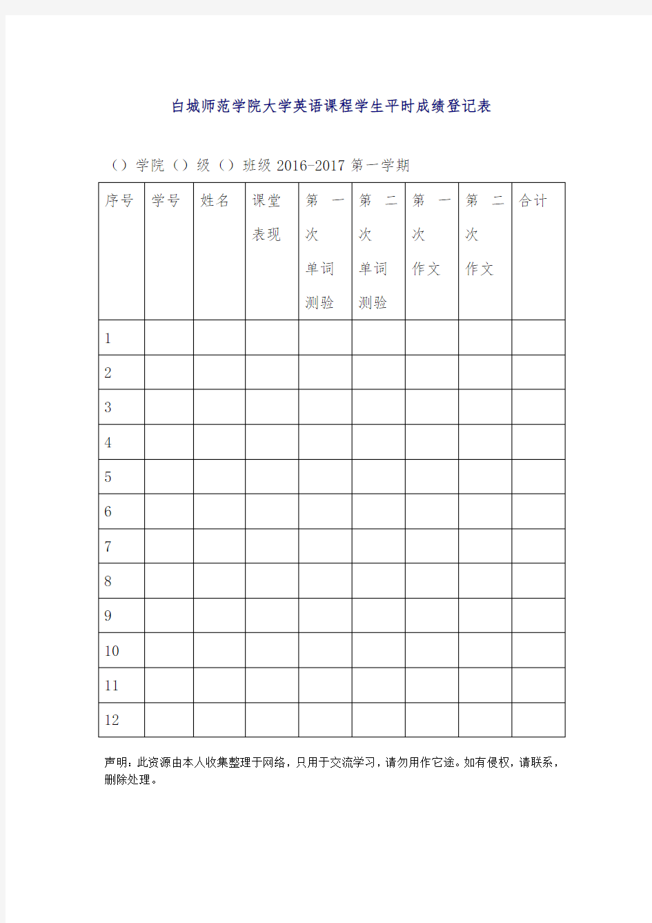 白城师范学院大学英语课程学生平时成绩登记表