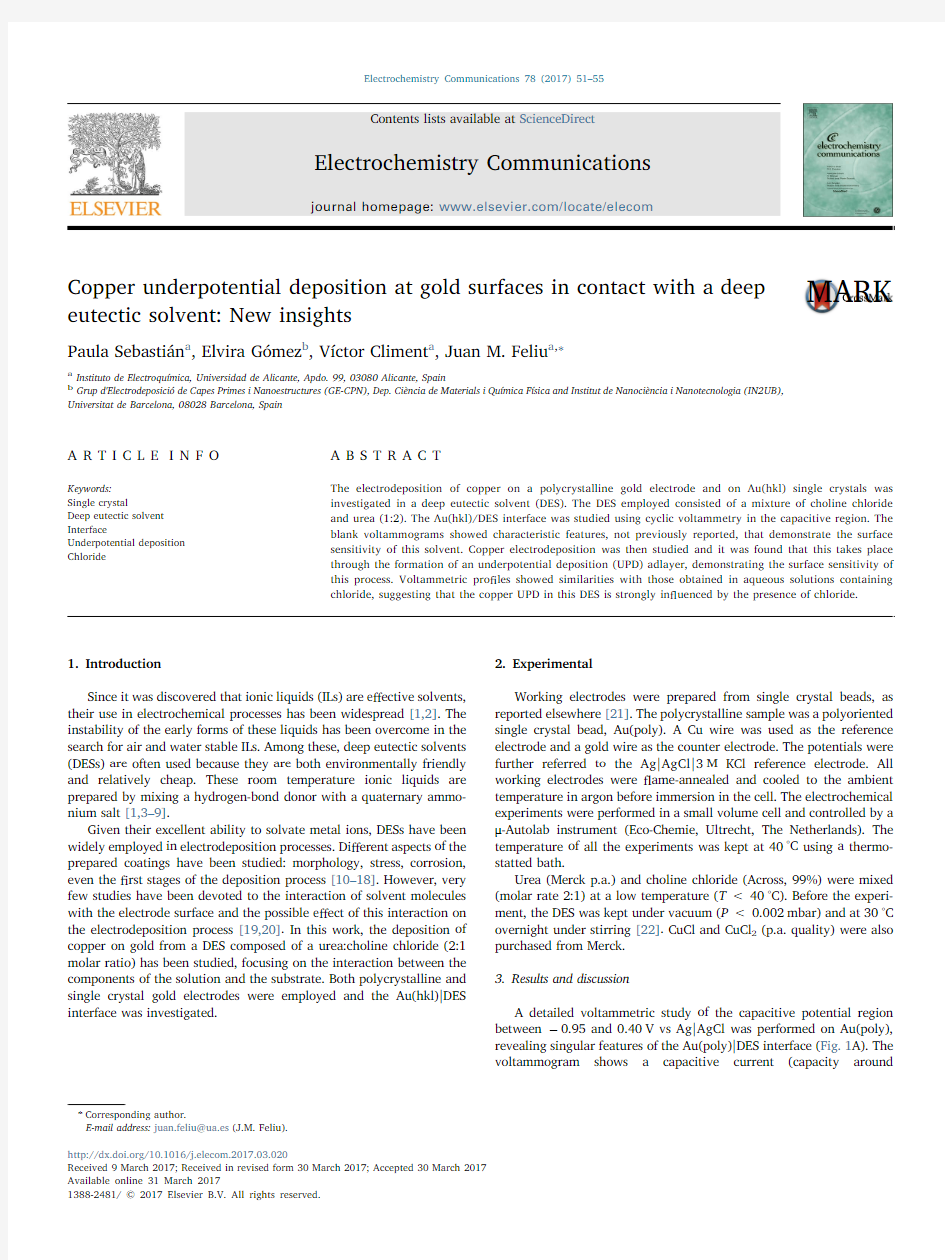 Copper underpotential deposition at gold surfaces in contact with a deep eutectic solvent