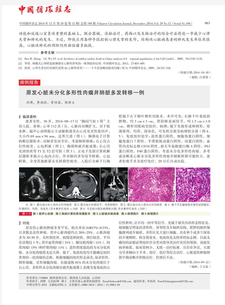 原发心脏未分化多形性肉瘤并肺脏多发转移一例