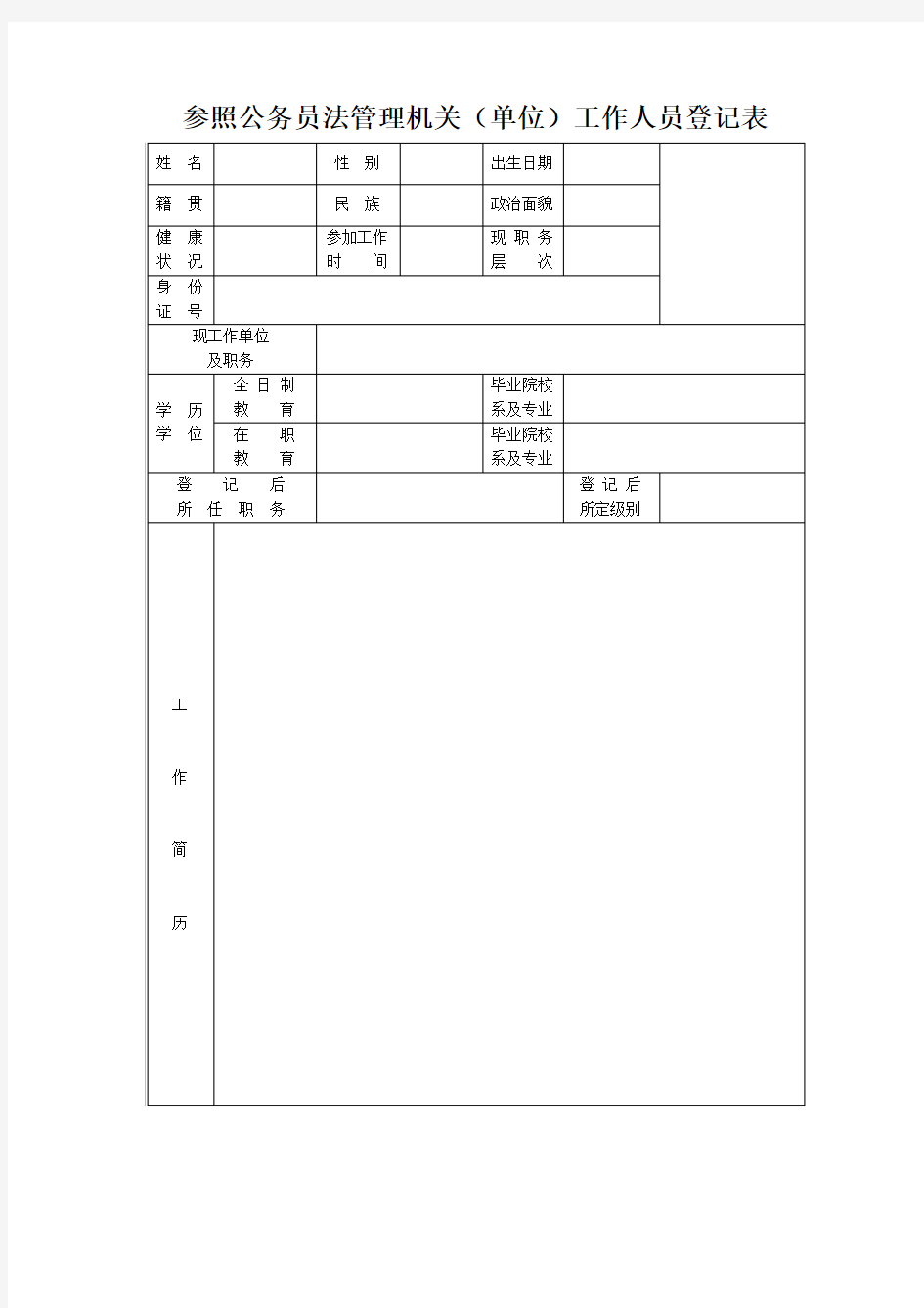 最新参照公务员法管理机关(单位)工作人员登记表范本