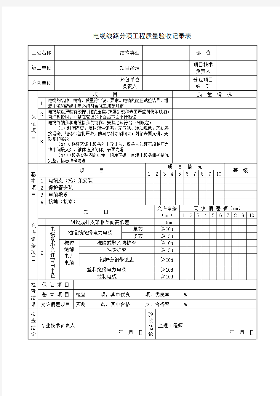 电缆线路分项工程质量验收记录表