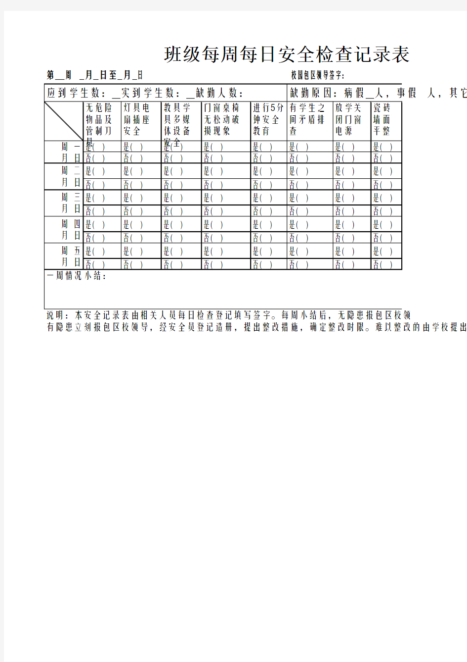 校园安全每周每日11项检查表