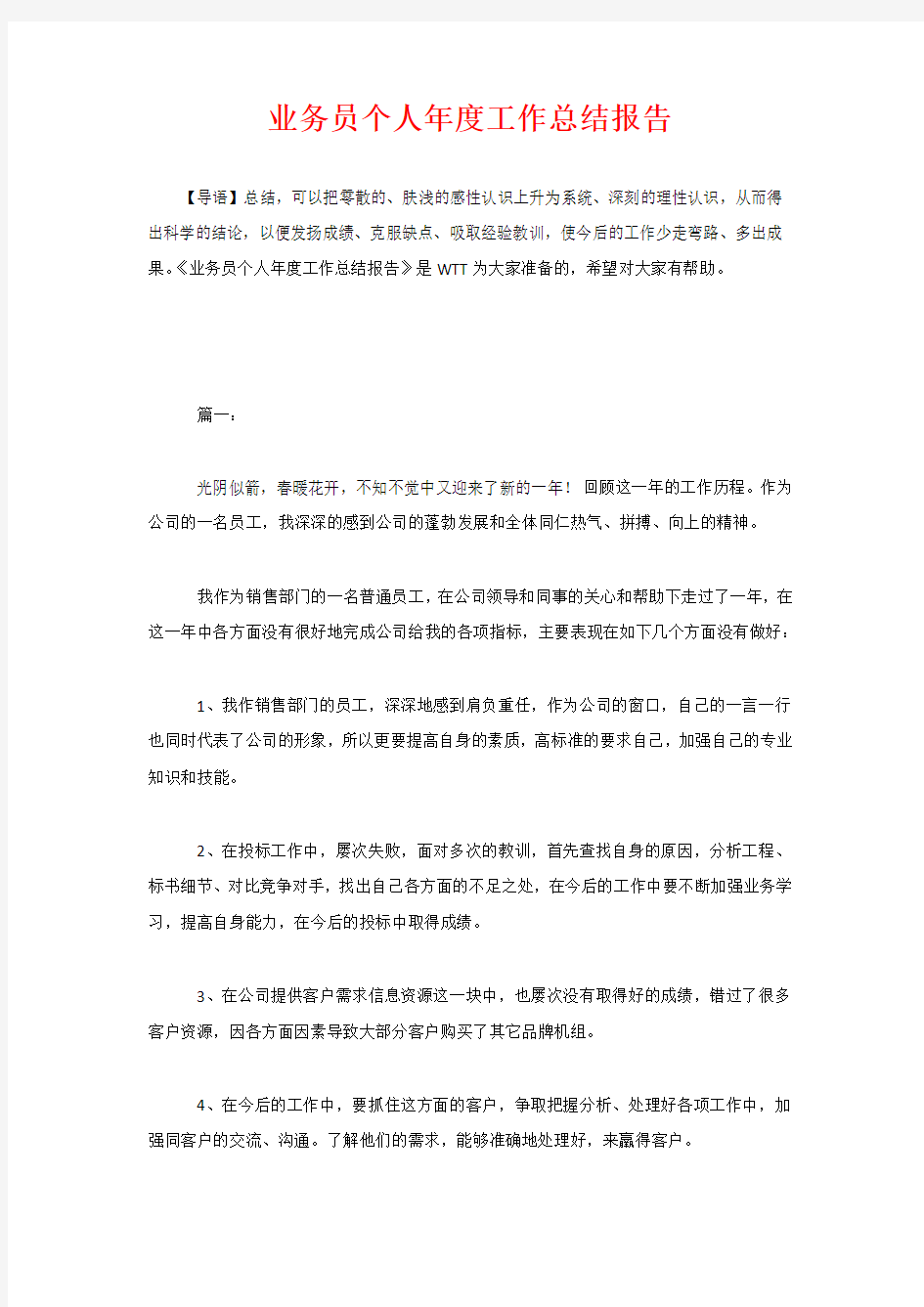 业务员个人年度工作总结报告