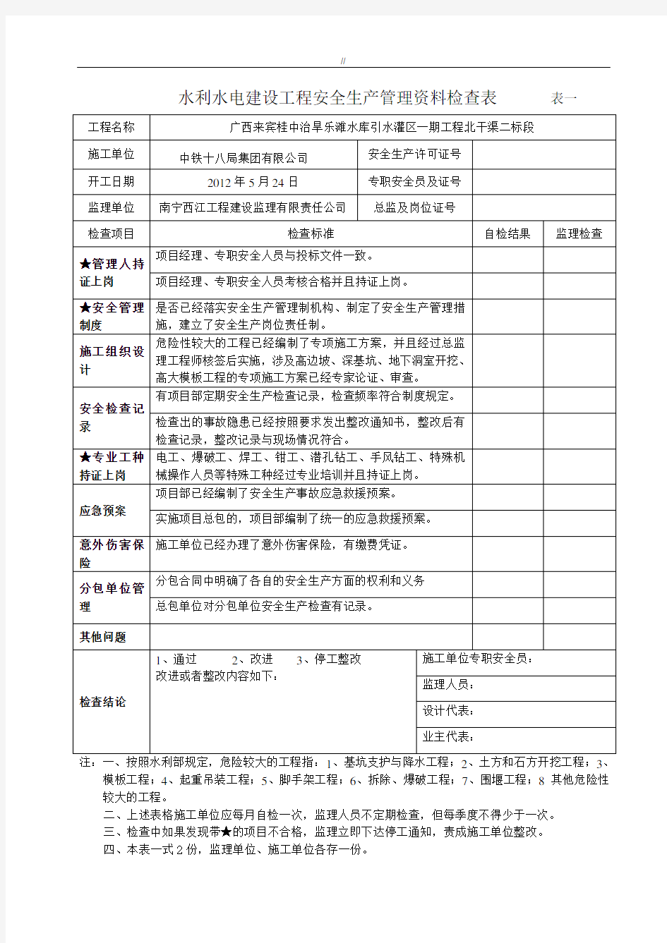 水利水电建设工程计划方案项目方案安全生产检查表