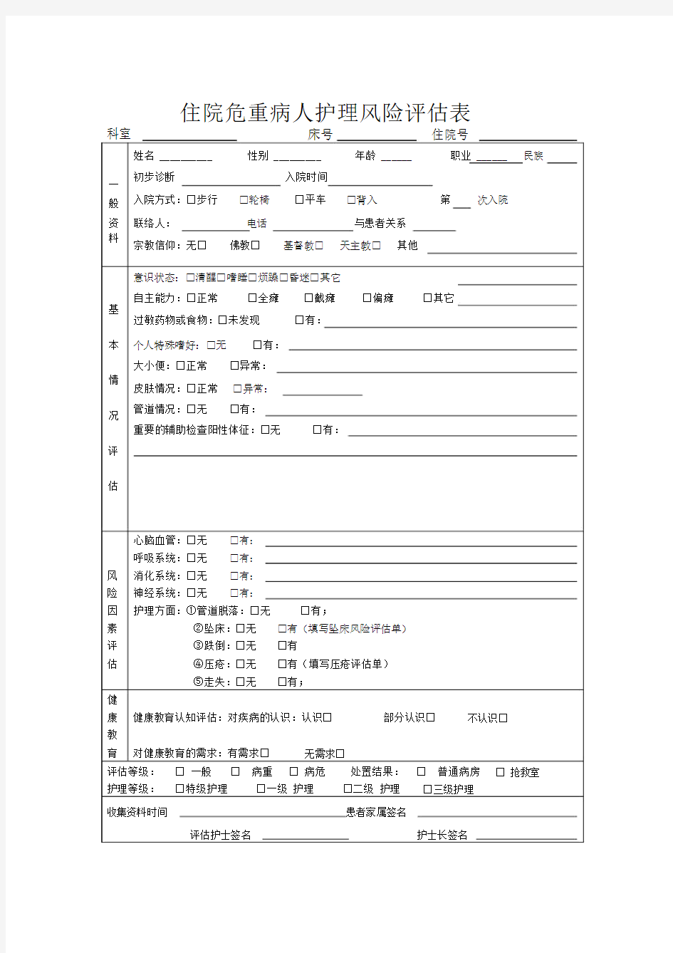 危重病人风险评估表--实用.doc