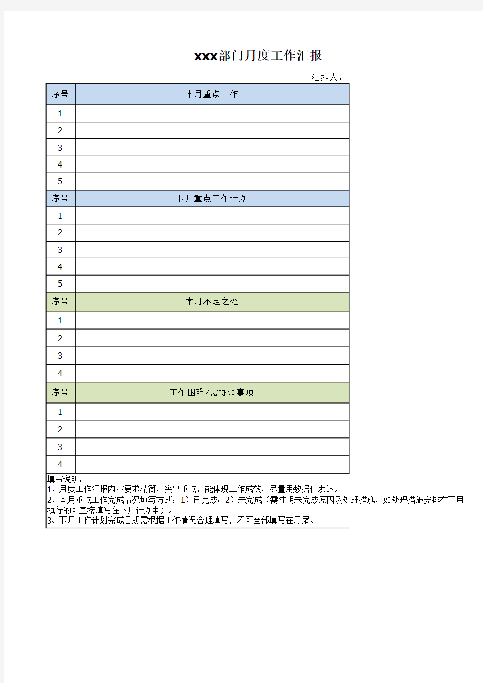 月度工作汇报表格