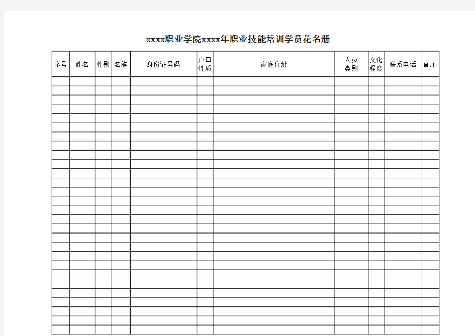 xxxx职业学院xxxx年职业技能培训学员花名册