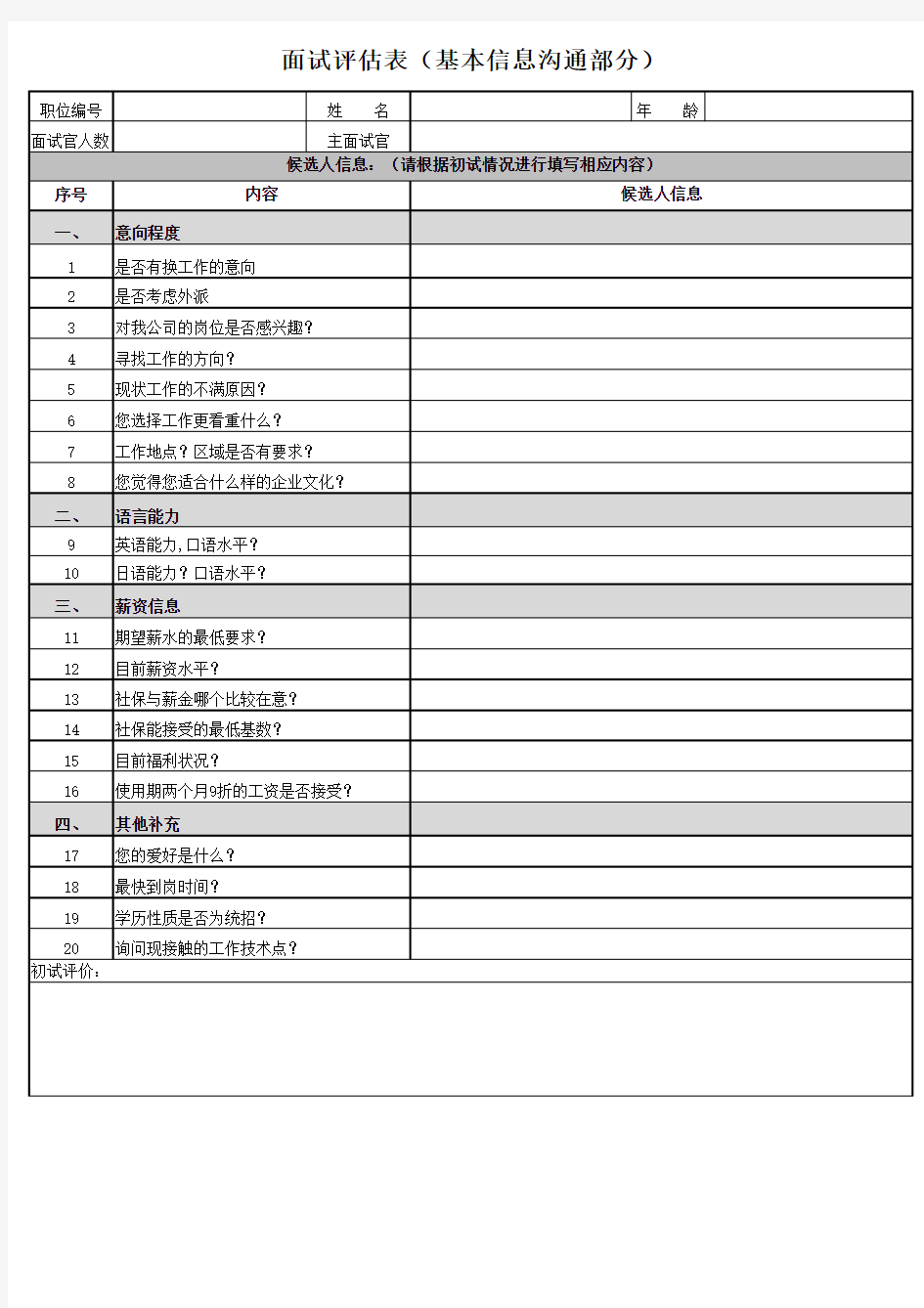 HR方向面试评估表,英文面试题