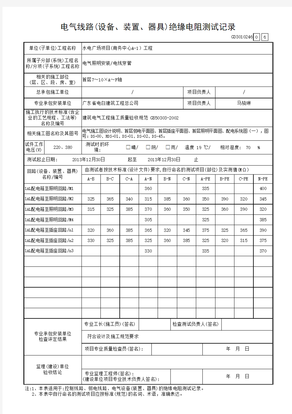 电气线路绝缘电阻测试记录1层