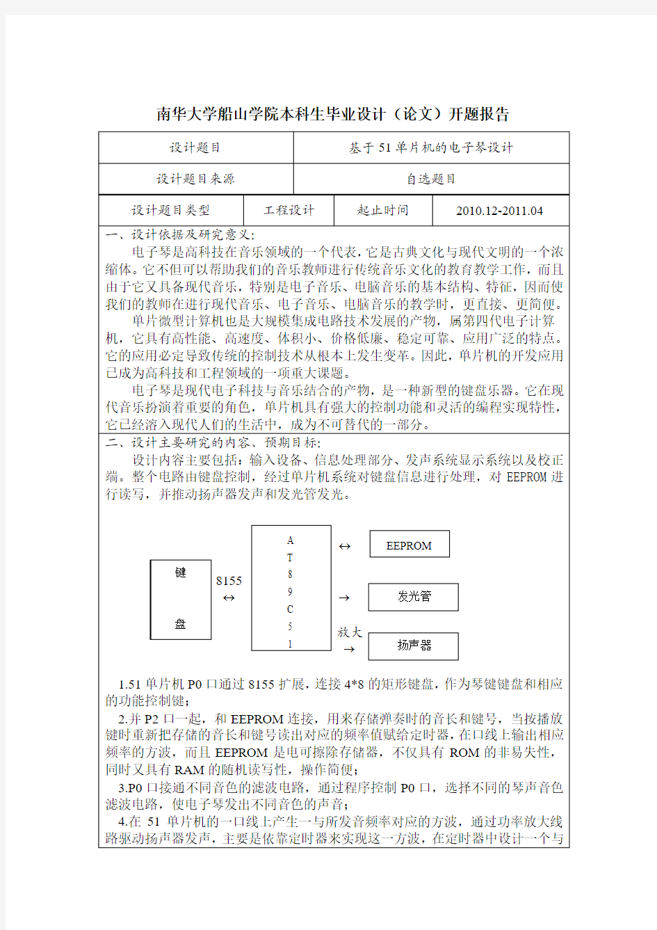 基于51单片机的电子琴的设计开题报告