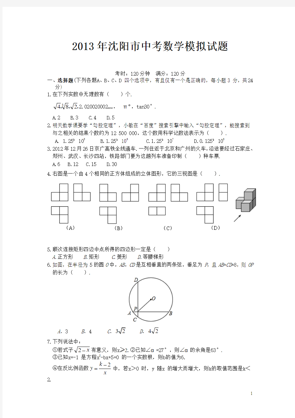 2013年沈阳市中考数学模拟试题