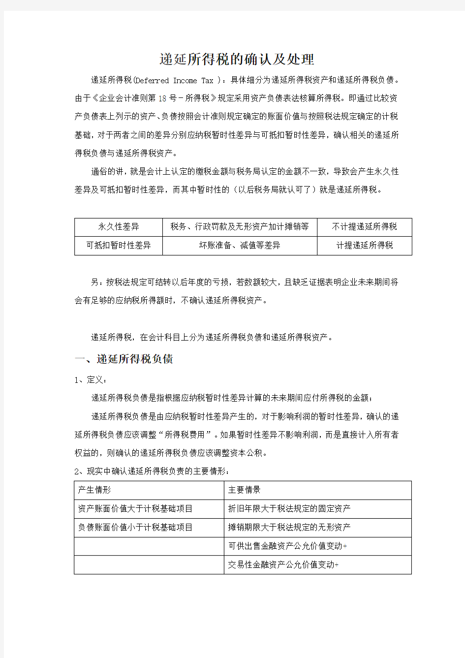 递延所得税的确认及处理