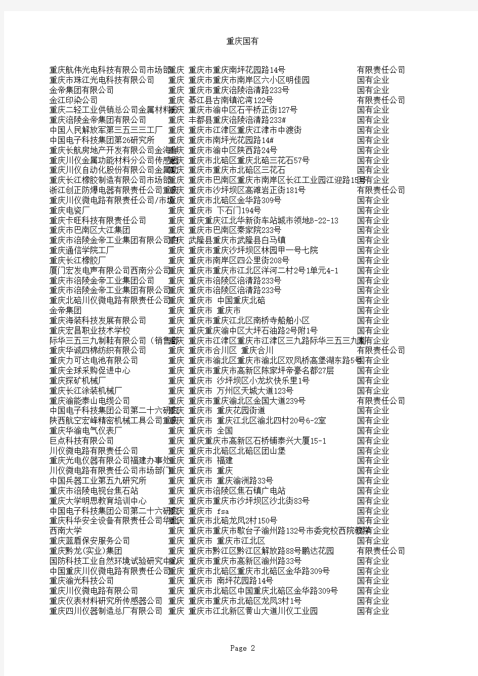 重庆市国有企业名录