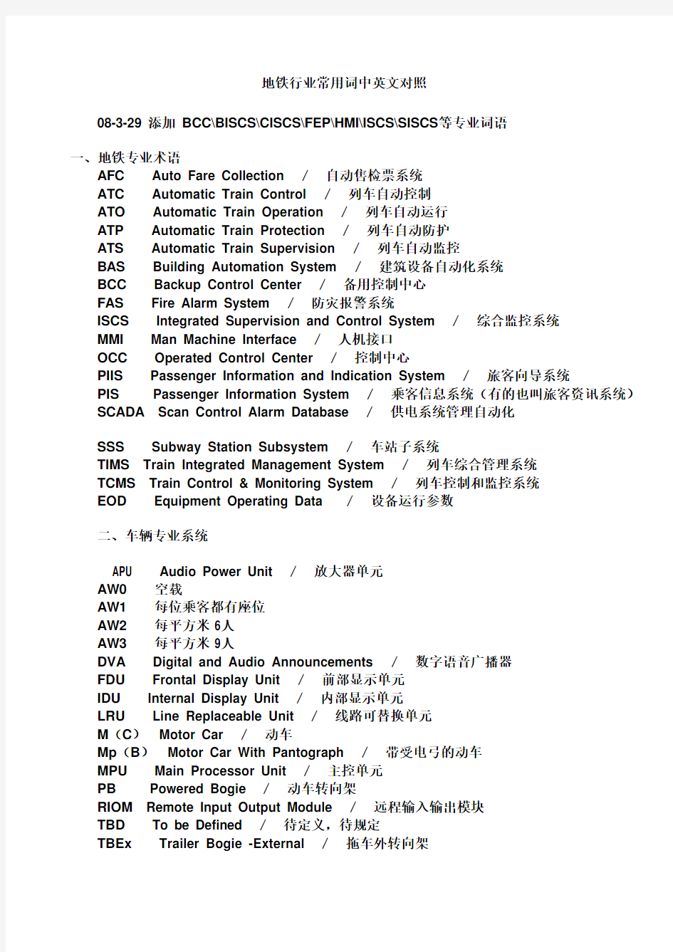 地铁行业常用词中英文对照