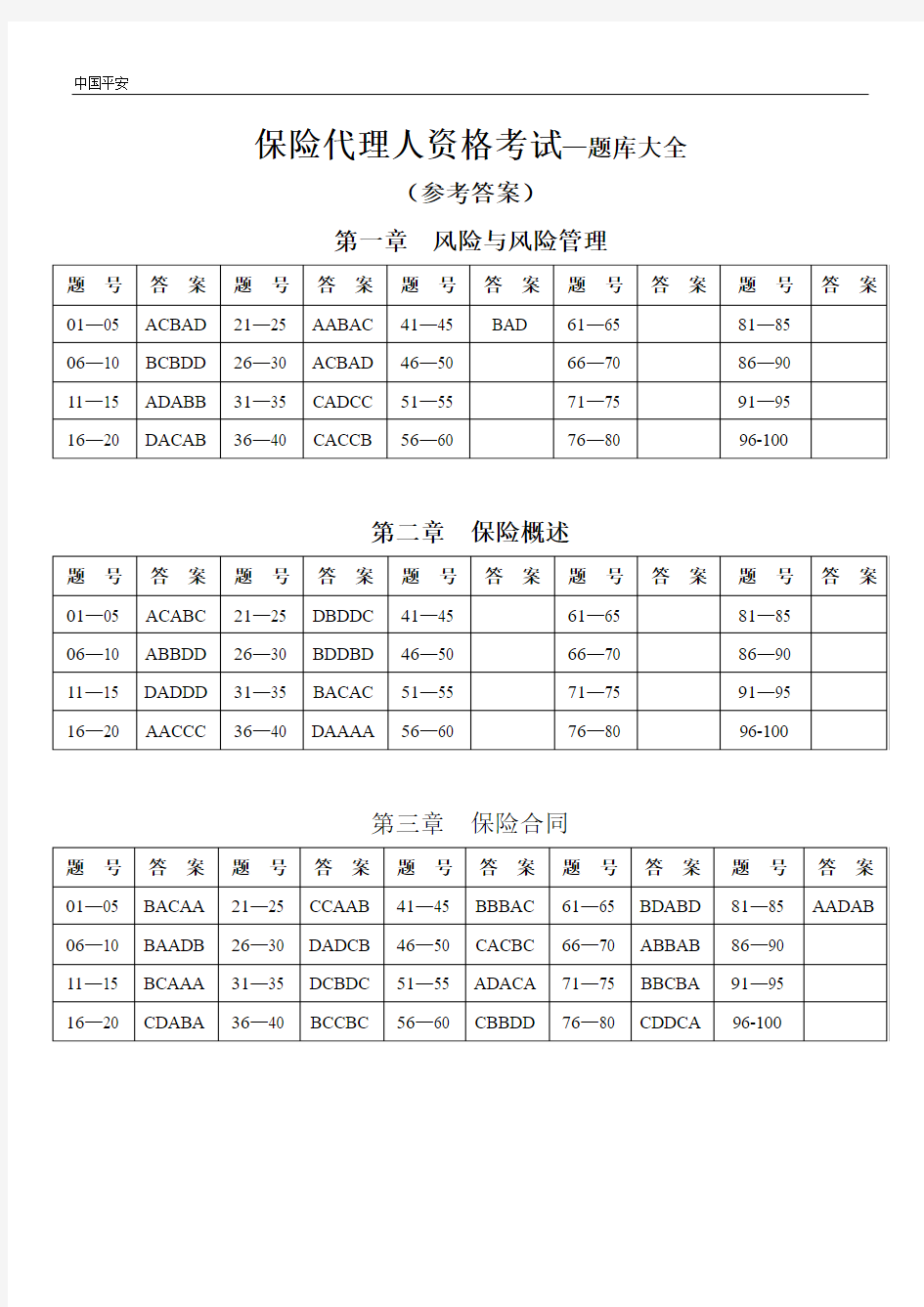 中国平安保险代理人资格考试题库大全参考答案