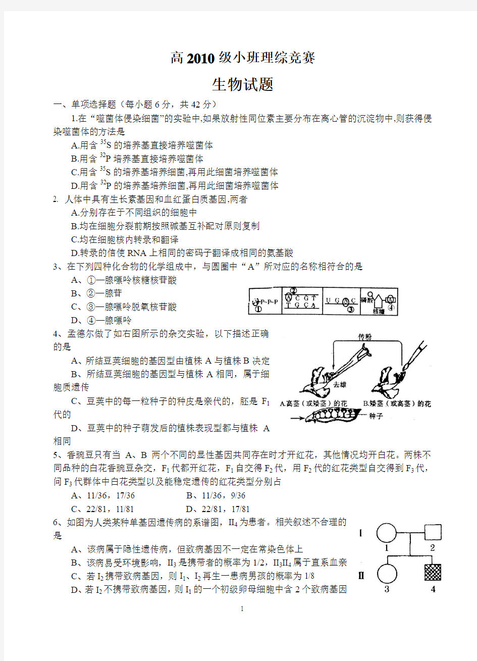 高2010级奥小班第四期第一次理综竞赛生物试题