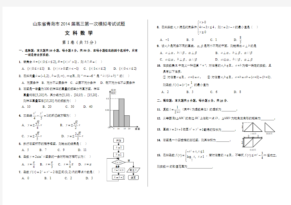 2014青岛一模文科数学试题含答案及评分标准