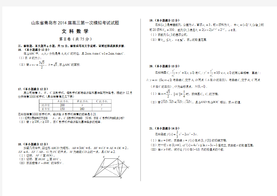2014青岛一模文科数学试题含答案及评分标准