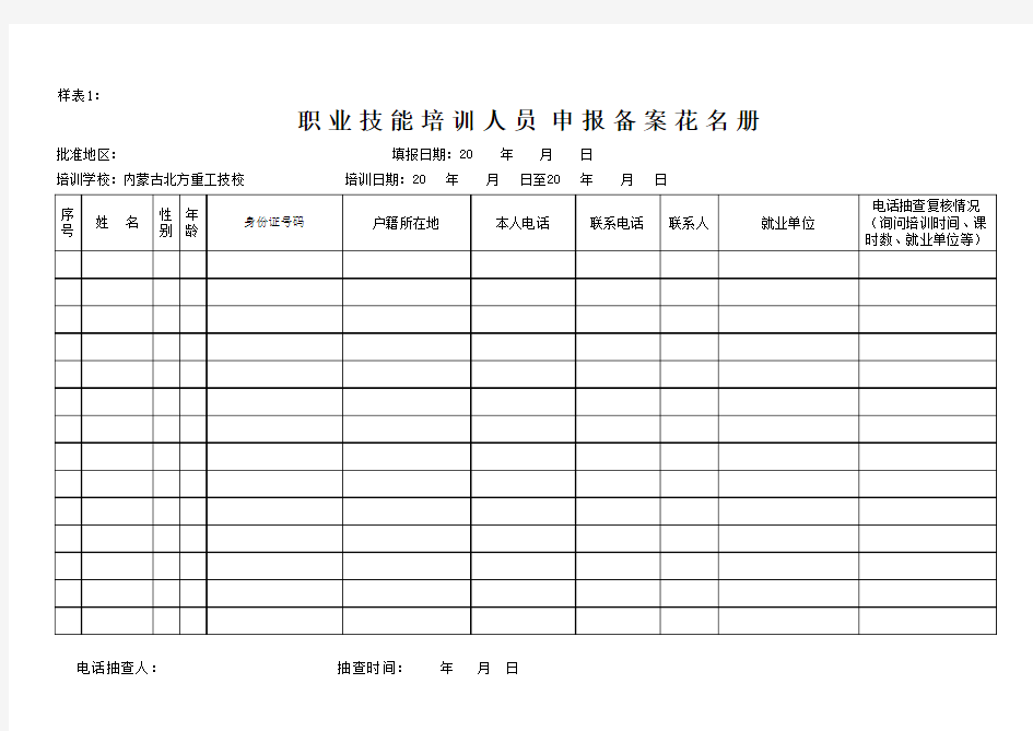 职业技能培训人员备案花名册(样表1)