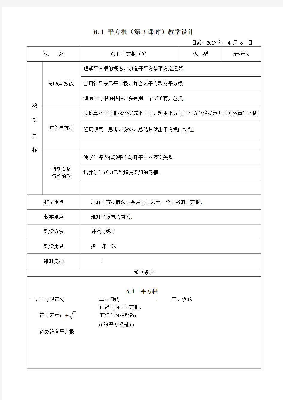 人教版初一数学下册平方根