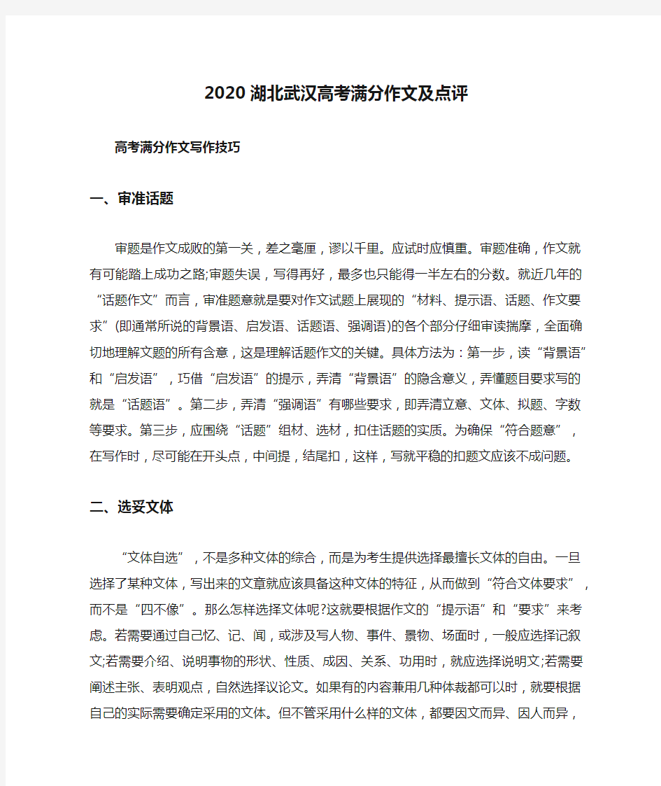2020湖北武汉高考满分作文及点评