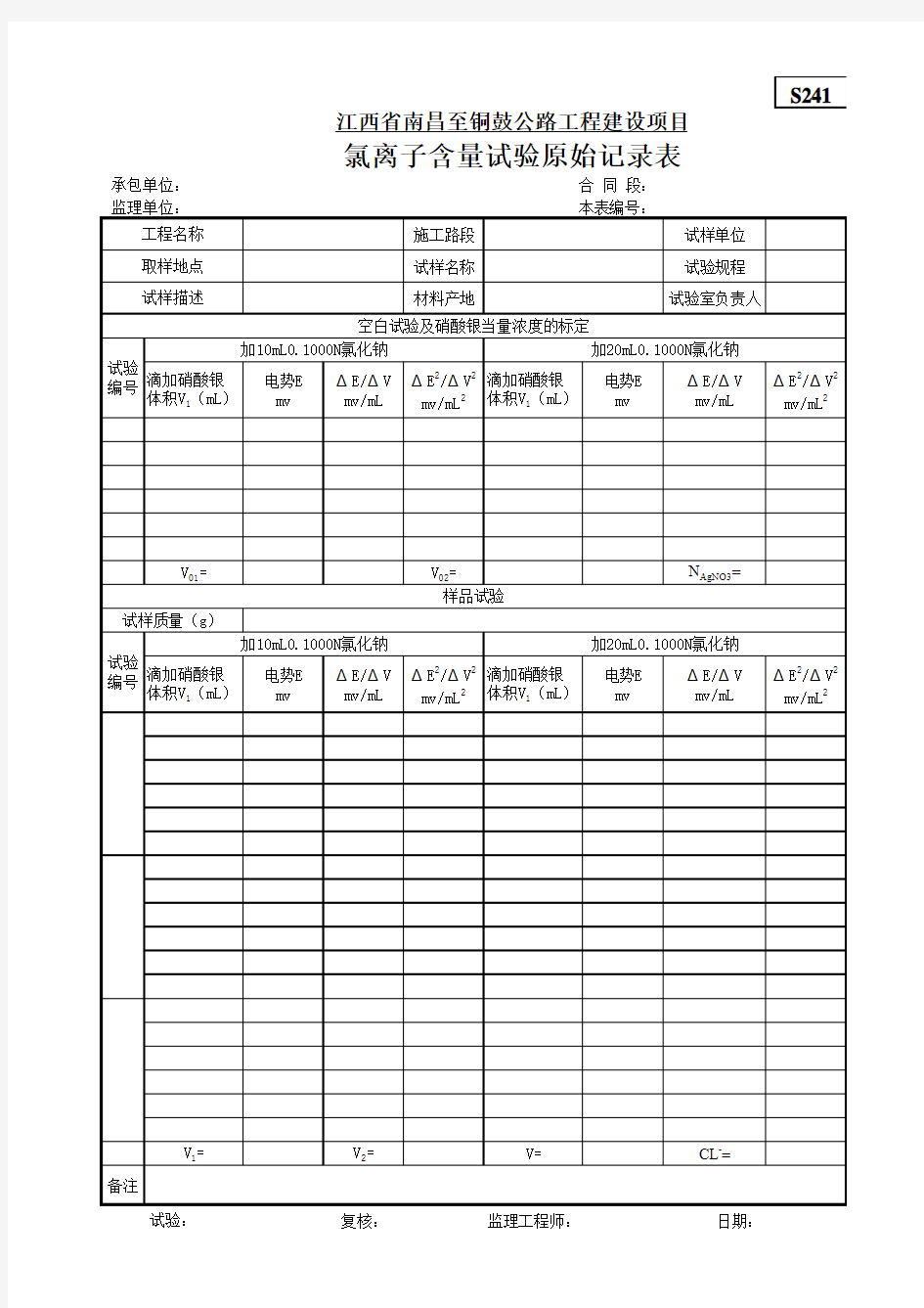 S241氯离子含量试验原始记录表